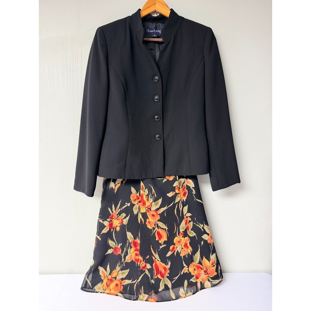 Evan Picone Skirt Suit Womens 8P Petite Black Blazer Orange Floral 2 Piece Set